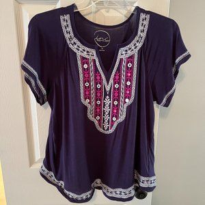 INC Brand Short Sleeve Navy Shirt with Pink & Silver Embroidery Plus Size 1X